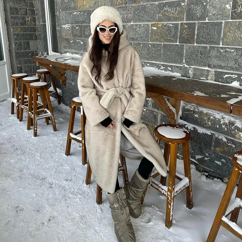Belted Faux Mink Fur Coat Women  Winter Beige Gradient Furry Fur Jacket Luxury Brand Hooded Warm Outerwear Overcoat