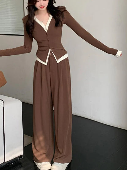 Conjunto de dos piezas de pantalón informal de otoño para mujer, manga larga, cuello en V, top de una sola botonadura, pantalones de pierna ancha, moda coreana, nuevo