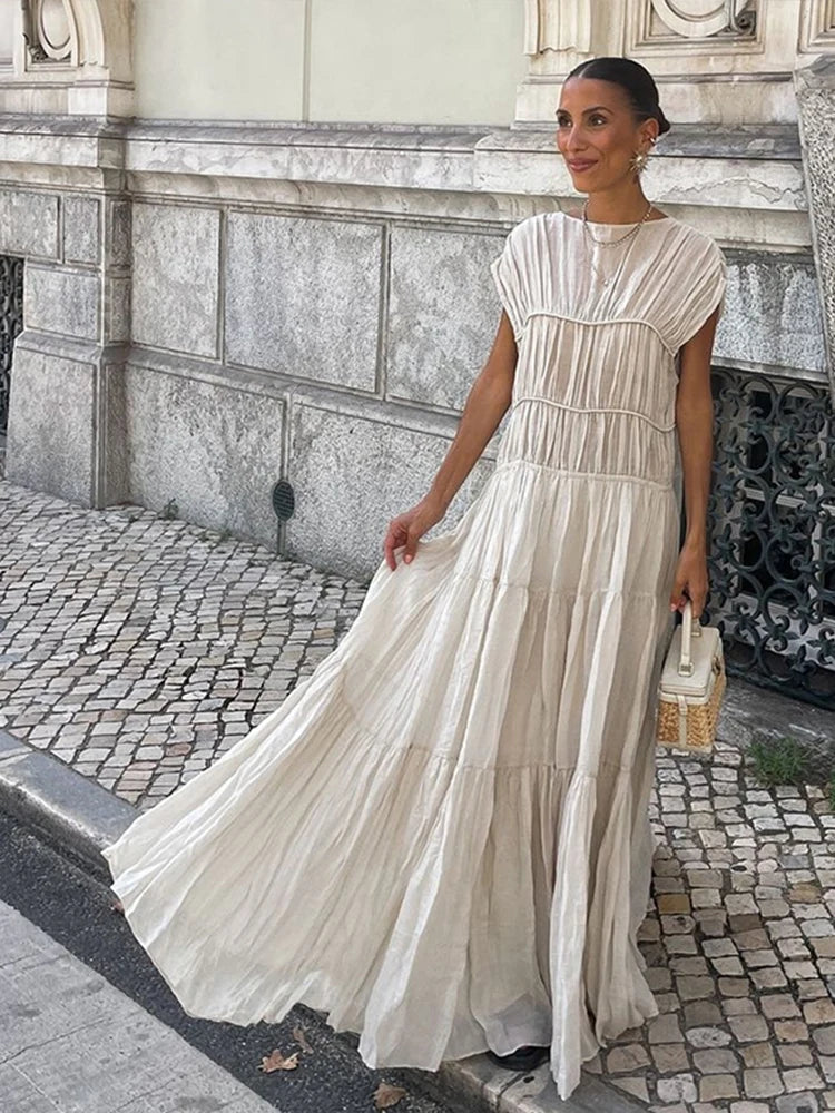 Vestidos largos plisados vintage para mujer, elegantes, sin espalda, cuello redondo, manga corta, para verano, primavera, fiestas, playa y vacaciones.