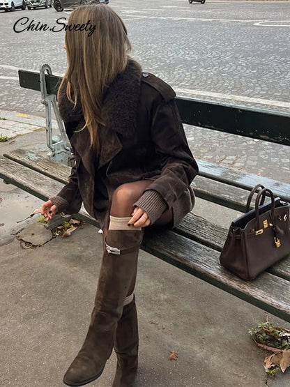 Chaqueta corta vintage de ante para mujer, con solapa, cuello de piel y cordones, abrigo de manga larga para mujer, moda de invierno, ropa de calle para mujer