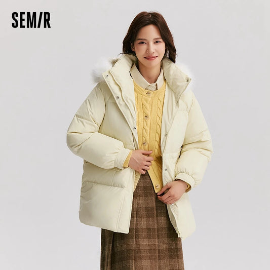 Chaqueta de plumón para mujer, de longitud media, con cuello de piel y capucha, cálida, de invierno, nueva, suelta, impermeable y resistente al viento.
