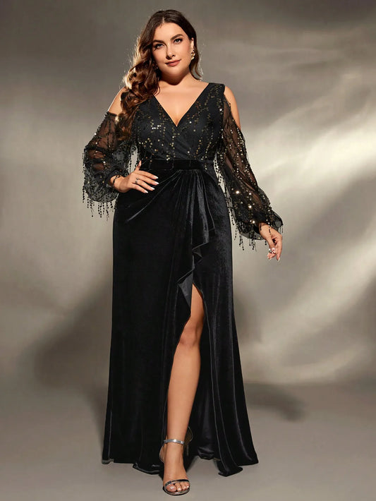 plus size Deep V cross neck off-the-shoulder sequin splicing velvet irregular lotus leaf matching slit dress Evening gown