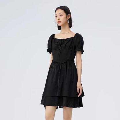 Vestido de mujer con diseño de orillo fibroso, nuevo vestido de verano retro de cuello cuadrado estilo palacio, vestido corto