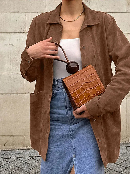 Chaqueta informal de gamuza de manga larga para mujer, abrigo holgado de otoño con solapa marrón y bolsillos, elegante y chic para mujer, ropa de calle nueva.