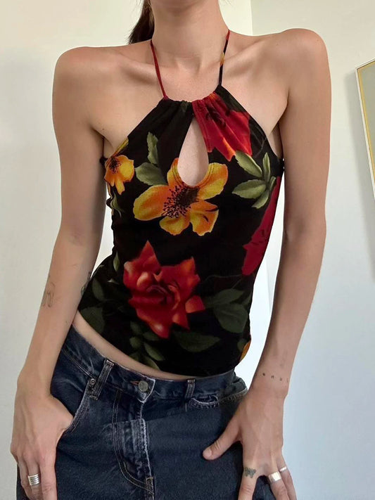 Top estilo vintage con estampado floral grande, ajustado, sin espalda, con lazo, para mujer, para vacaciones de verano