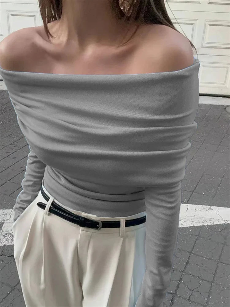 Suéter de punto sin espalda para mujer, top ajustado con banda, liso, corto, ropa de calle, hombros descubiertos, elegante, de punto para otoño