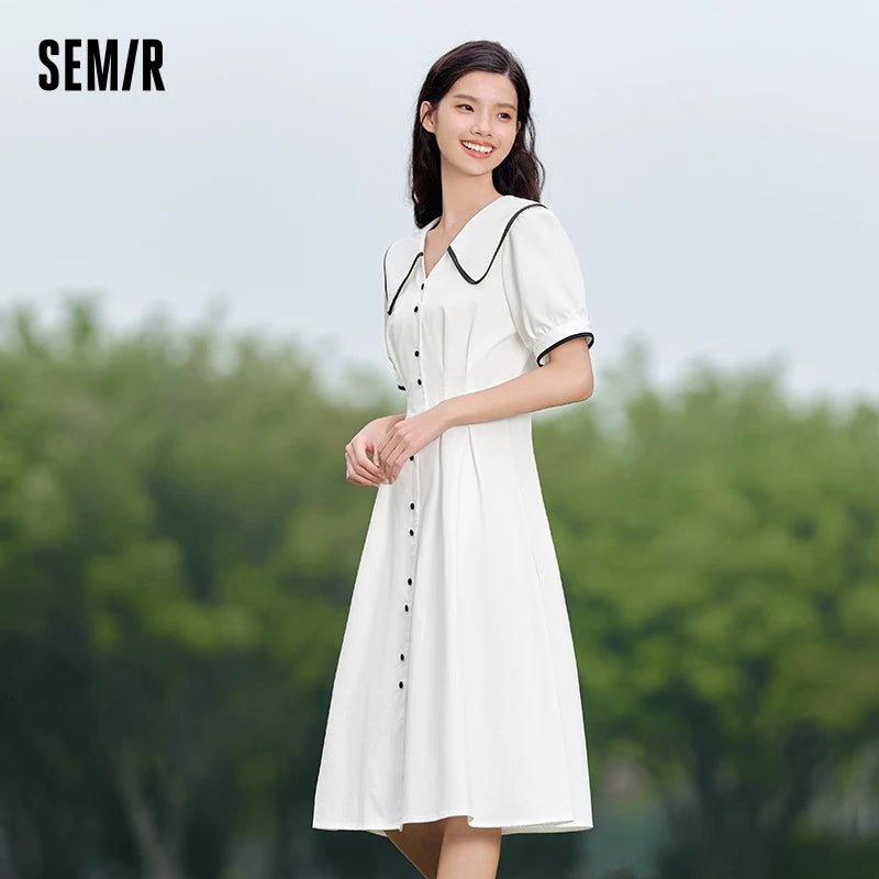 Vestido de mujer de algodón puro con mangas abullonadas, nuevo vestido de verano con bloques de color, solapa grande y largo medio, estilo universitario.