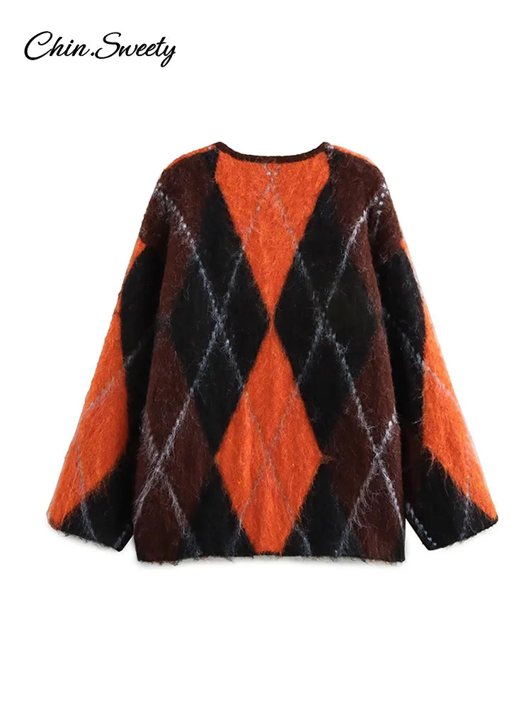 Suéter de punto de mohair con cuello redondo y contraste de colores para mujer, estampado geométrico, manga larga, holgado, de un solo pecho, prenda de punto para mujer, top que combina con todo