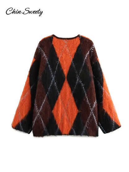 Suéter de punto de mohair con cuello redondo y contraste de colores para mujer, estampado geométrico, manga larga, holgado, de un solo pecho, prenda de punto para mujer, top que combina con todo
