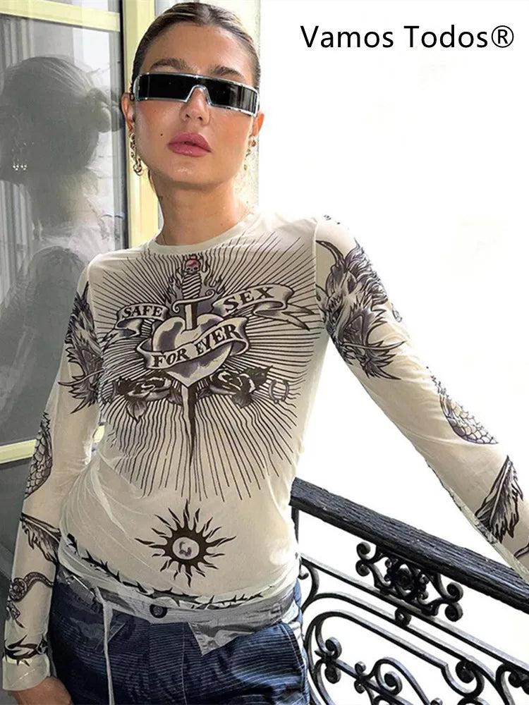Camisetas estampadas de manga larga y cuello redondo de moda de verano para mujer, ropa sexy con estampado de patchwork, top informal ligeramente translúcido Y2k