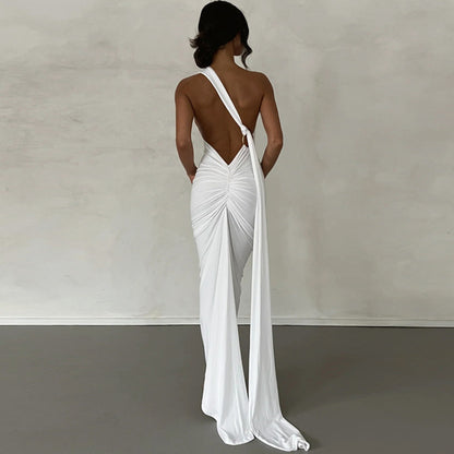 Oblique Shoulder Backless Maxi Dress For Women Gown Summer Back Strap Sleeveless Ruched Party Sexy Long Dress Vestidos