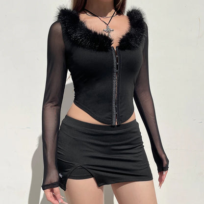 Top corto de cuello redondo peludo con retazos para mujer, camiseta de malla Y2K de manga larga con hebilla de gancho ajustada, conjuntos de moda sexy para dama