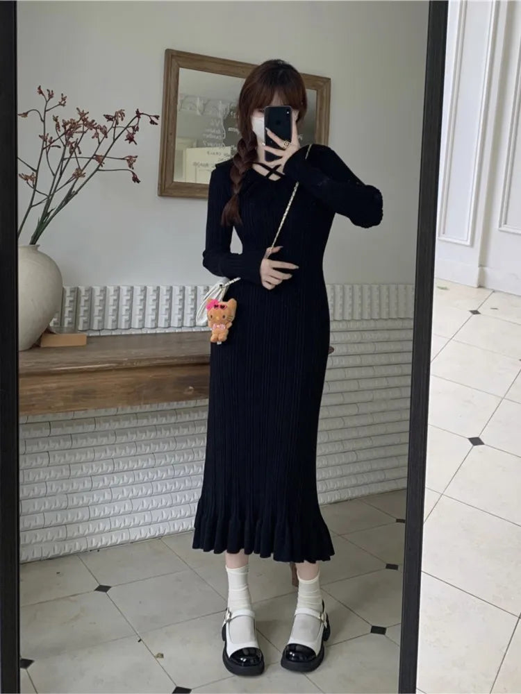 Vestidos de punto de otoño para mujer, con volantes, cuello en V, ajustados, informales, midi, moda coreana, nuevos tejidos