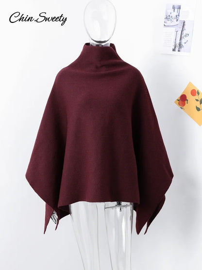 Suéter tipo capa burdeos holgado para mujer, tejido de cuello alto, manga raglán, prendas de vestir asimétricas para otoño