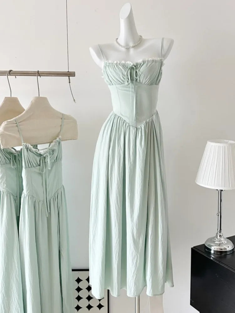 Vestido midi de verano con tirantes finos y espalda descubierta para mujer, sin mangas, con cordones, estilo playero, moda coreana, de una pieza