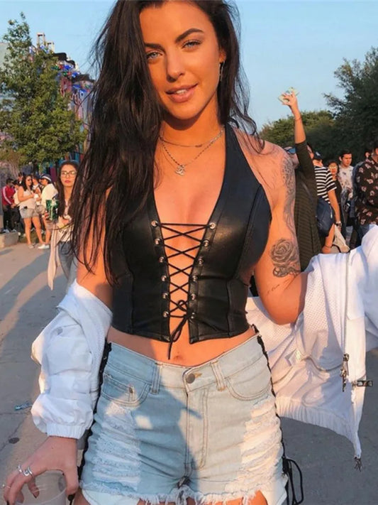 Camiseta sin mangas sexy de color sólido de moda de verano, informal, de PU, con sección ahuecada y cordones, top Y2k ajustado con cuello en V, sin mangas, ropa vanguardista Y2k