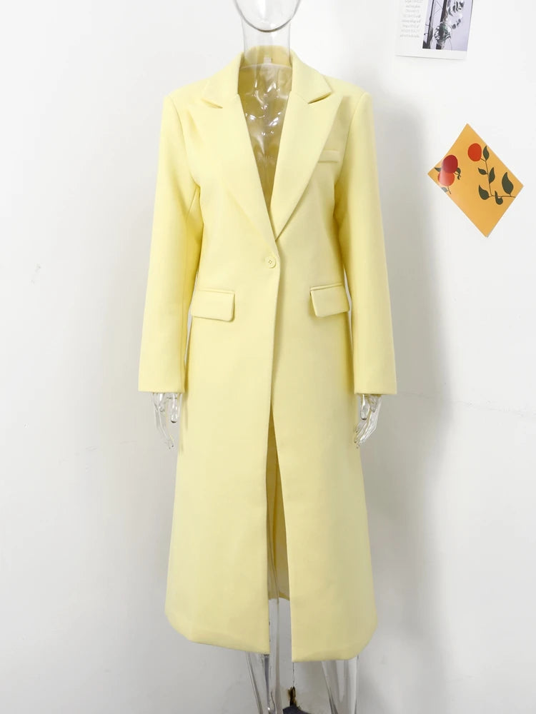 Abrigo largo de lana de moda para mujer, otoño, manga larga, botones, bolsillo falso, amarillo dividido, abrigo elegante de gran tamaño, nuevo en prendas de vestir exteriores