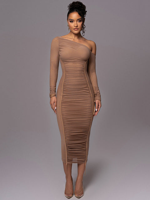 Vestido midi de manga larga con cuello diagonal para mujer, de malla de dos capas, sin espalda, fruncido, ajustado, sexy, para fiesta y club.