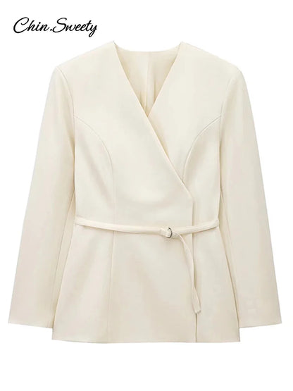 Chaqueta de traje con cinturón fino para mujer, cuello en V, hebilla, manga larga, color liso, primavera 2025, para mujer, para ir al trabajo, ropa de abrigo de cintura alta, nueva