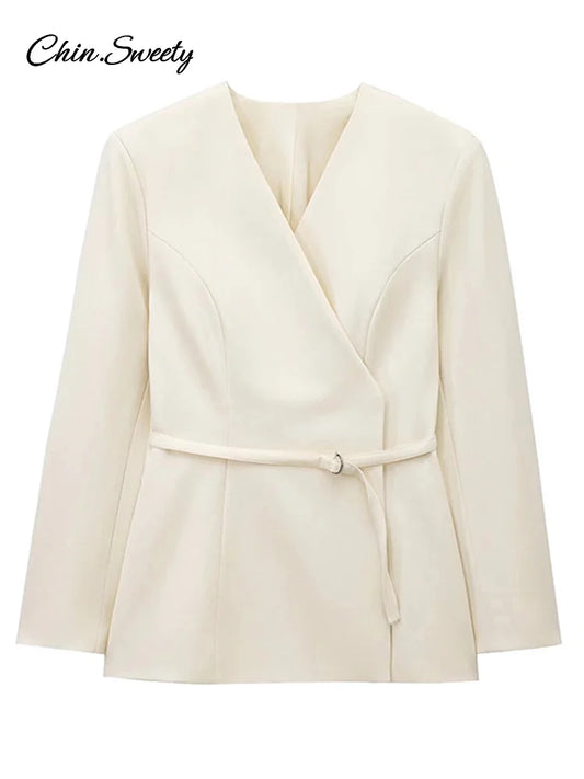 Slim Belt Blazer Coat For Women V Neck Buckle Long Sleeve Solid Suit Jacket 2025 Spring Lady Commute High Waisted Outwear New