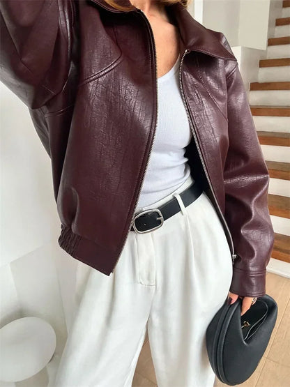 Autumn Lapel PU Outwear Female Zipper Pocket Fashion Patchwork Long Sleeve Solid Streetwear For Women Cropped Jacket Top
