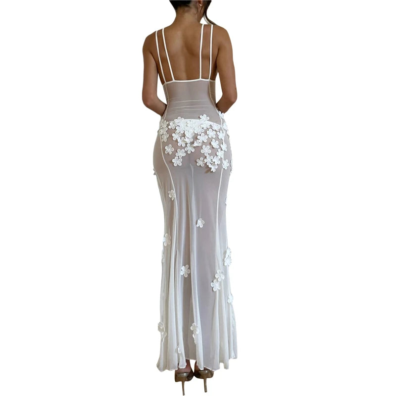 Sexy Dress for Women White Sheer See Through V Neck Sleeveless Bodycon Long Dresses 3D Flower Party Dresses Clubwear