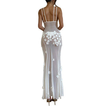 Sexy Dress for Women White Sheer See Through V Neck Sleeveless Bodycon Long Dresses 3D Flower Party Dresses Clubwear