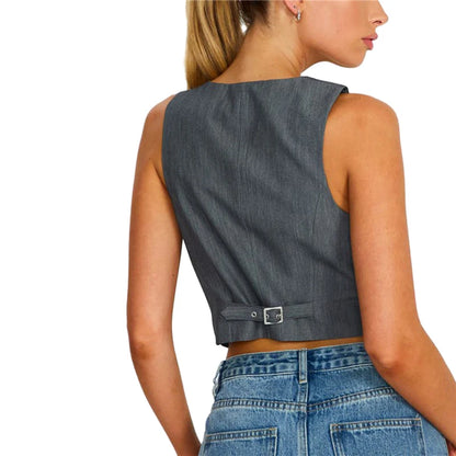 Chaleco para mujer Y2K, ropa de color sólido, corte entallado, cuello en V, sin mangas, con botones, top corto, prendas de vestir de moda