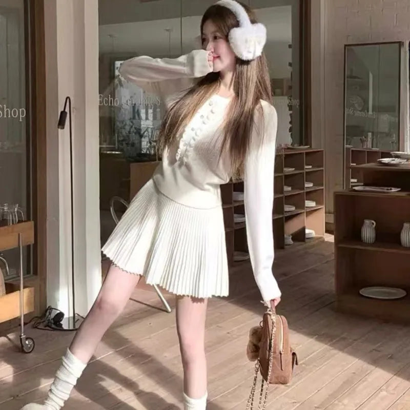 Conjuntos de punto de 2 piezas estilo preppy de otoño para mujer, top de manga larga con cuello redondo y minifalda plisada, moda coreana, trajes casuales, nuevo traje