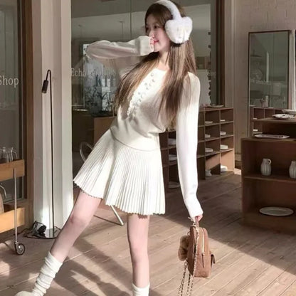 Conjuntos de punto de 2 piezas estilo preppy de otoño para mujer, top de manga larga con cuello redondo y minifalda plisada, moda coreana, trajes casuales, nuevo traje