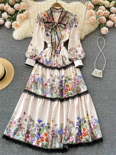 Vestido largo elegante vintage para mujer, vestido de fiesta ajustado con estampado floral, lazo, cintura elástica, farol, manga larga, vestido largo