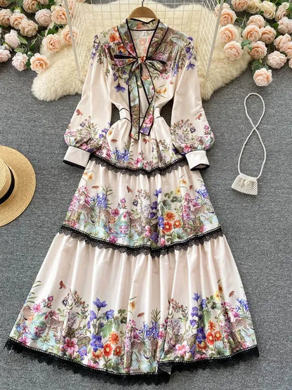 Vestido largo elegante vintage para mujer, vestido de fiesta ajustado con estampado floral, lazo, cintura elástica, farol, manga larga, vestido largo