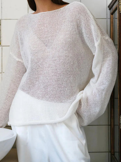 Knitted Round Neck Hollow Pullover Top Women’s Summer Fashion Casual Loose Pullover Long Sleeve Streetwear Top Pullover