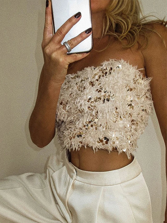 Tops de tubo sin tirantes con lentejuelas de felpa sexys para mujer, tops de corsé sin mangas con plumas lisas y brillantes, ropa de calle elegante de primavera para mujer