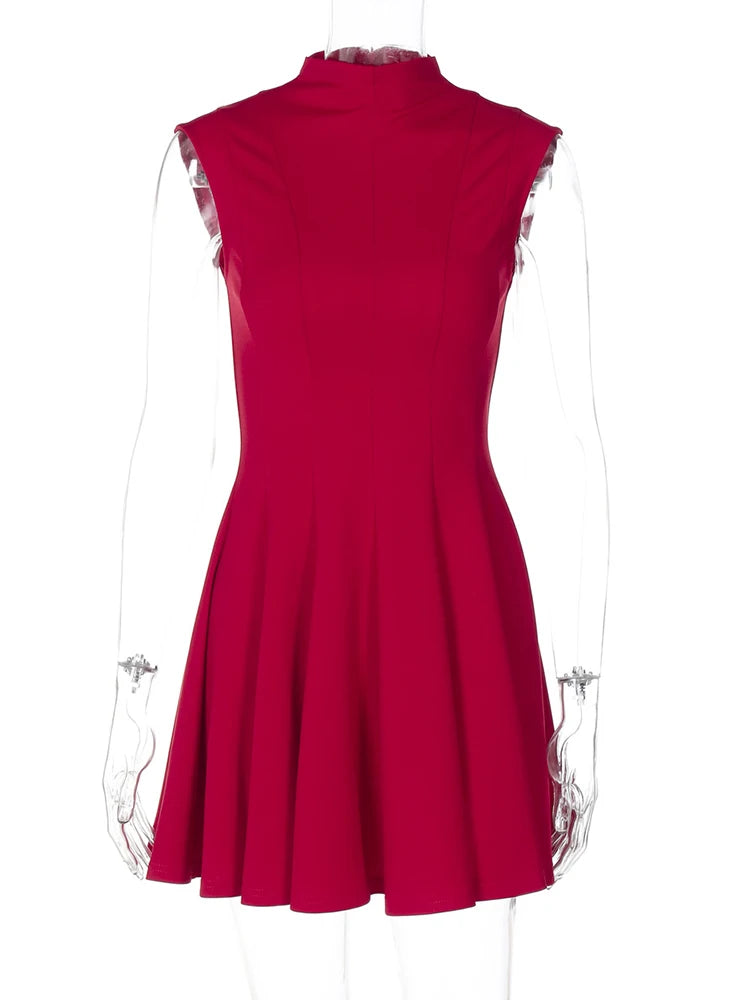 Sleeveless Folds Mini Dress Women’s Solid Color High Waist Outfits Half Turtleneck Elegant Club Casual Party Dress A-Line