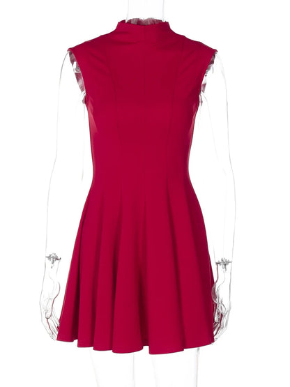 Sleeveless Folds Mini Dress Women’s Solid Color High Waist Outfits Half Turtleneck Elegant Club Casual Party Dress A-Line