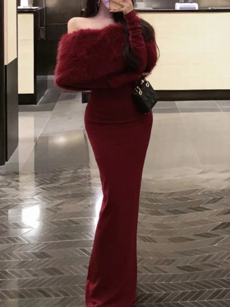 Fashion New Women Elegant Bodycon Midi Dress Long Sleeve Slim Solid Chic Vintage Christmas Party Prom Clothes Female Vestidos