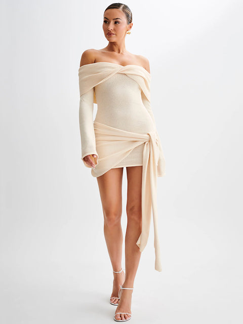 Vestido mini de punto con hombros descubiertos para mujer, otoño invierno, nuevo, sin tirantes, espalda descubierta, manga larga, fruncido, drapeado, vestido de punto