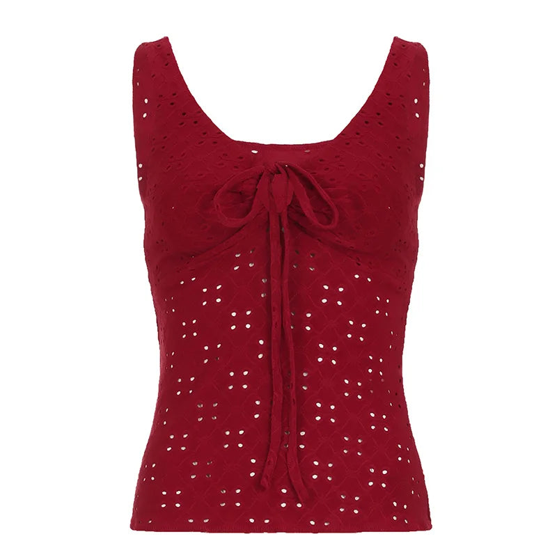 Blusas exquisitas con cuello en V, espalda descubierta y sin mangas con encaje rojo navideño para mujer
