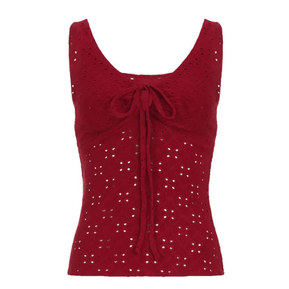 Blusas exquisitas con cuello en V, espalda descubierta y sin mangas con encaje rojo navideño para mujer