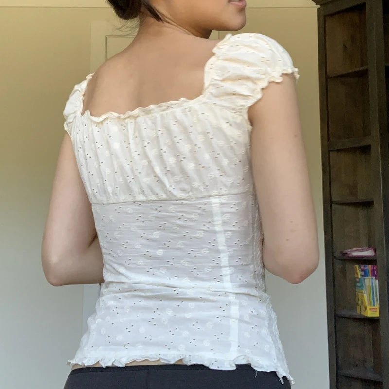 Camiseta floral vintage francesa de los años 90 con diseño de hadas grunge kawaii, botones con volantes y cuello en V, para mujer, estética Y2K, top corto blanco retro