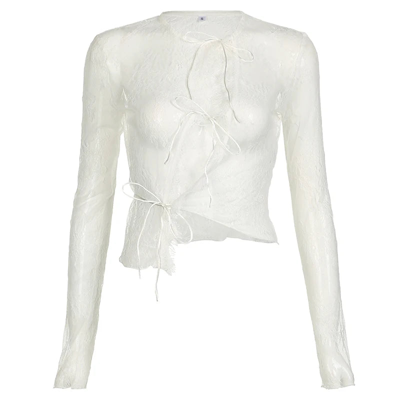Abrigo fino de encaje transparente y sexy, de manga larga, a la moda, con cordones y cuello redondo, bonito cárdigan de calle para mujer