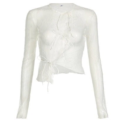 Abrigo fino de encaje transparente y sexy, de manga larga, a la moda, con cordones y cuello redondo, bonito cárdigan de calle para mujer