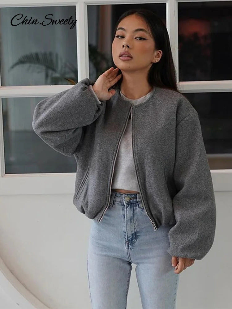 Retro Solid Woolen Women’s Bomber Jacket Long Lantern Sleeves Pockets O-neck Loose Female Coat  Autumn High Street Outwears