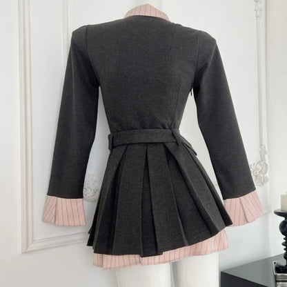 Vestidos blazer Y2K para mujer, estilo preppy, otoño, nuevo, patchwork, manga larga, plisado, corte A, lazo, moda coreana, ropa femenina