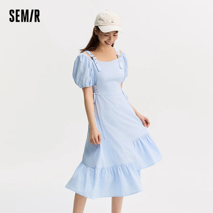 Vestido de mujer con cintura atada, texturizado, elegante y suave, de verano, irregular, con dobladillo con volantes, falda corta con estampado de campanillas, divertido