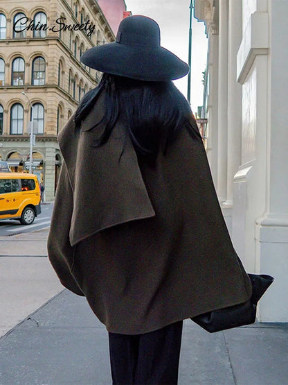 Elegant Irregular Cloak Coat Women Solid Half Sleeve O Neck Scarf Loose Female Jacket 2025 Winter Lady Thick Chic Overcoat New