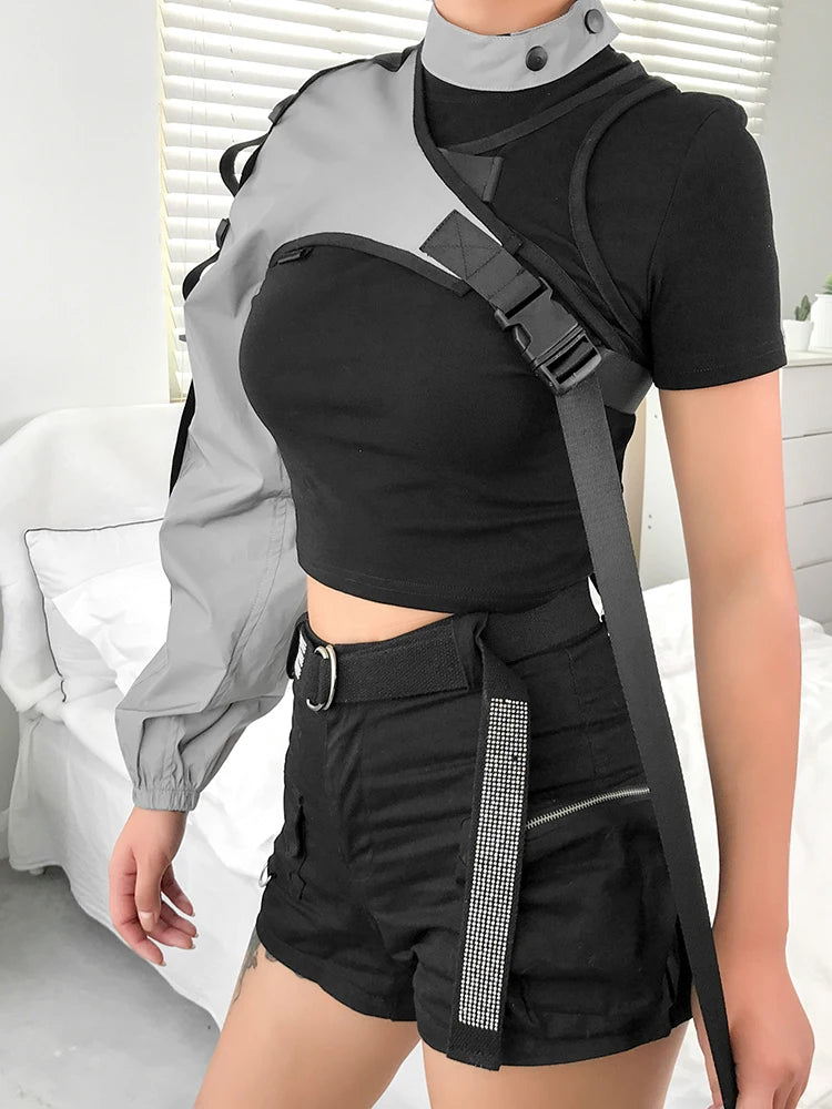 Reflective Crop Top Harajuku Punk Long Sleeve T-shirt Women Irregular Cargo Top One Shoulder T Shirt Ladies Street