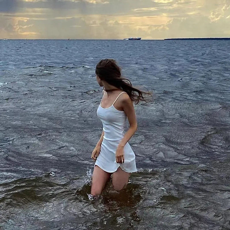 Basic Dress for Women White Spaghetti Strap Sleeveless A Line Mini Dresses y2k Clothes 2000s Aesthetic Dress Beach Wear