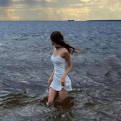 Basic Dress for Women White Spaghetti Strap Sleeveless A Line Mini Dresses y2k Clothes 2000s Aesthetic Dress Beach Wear